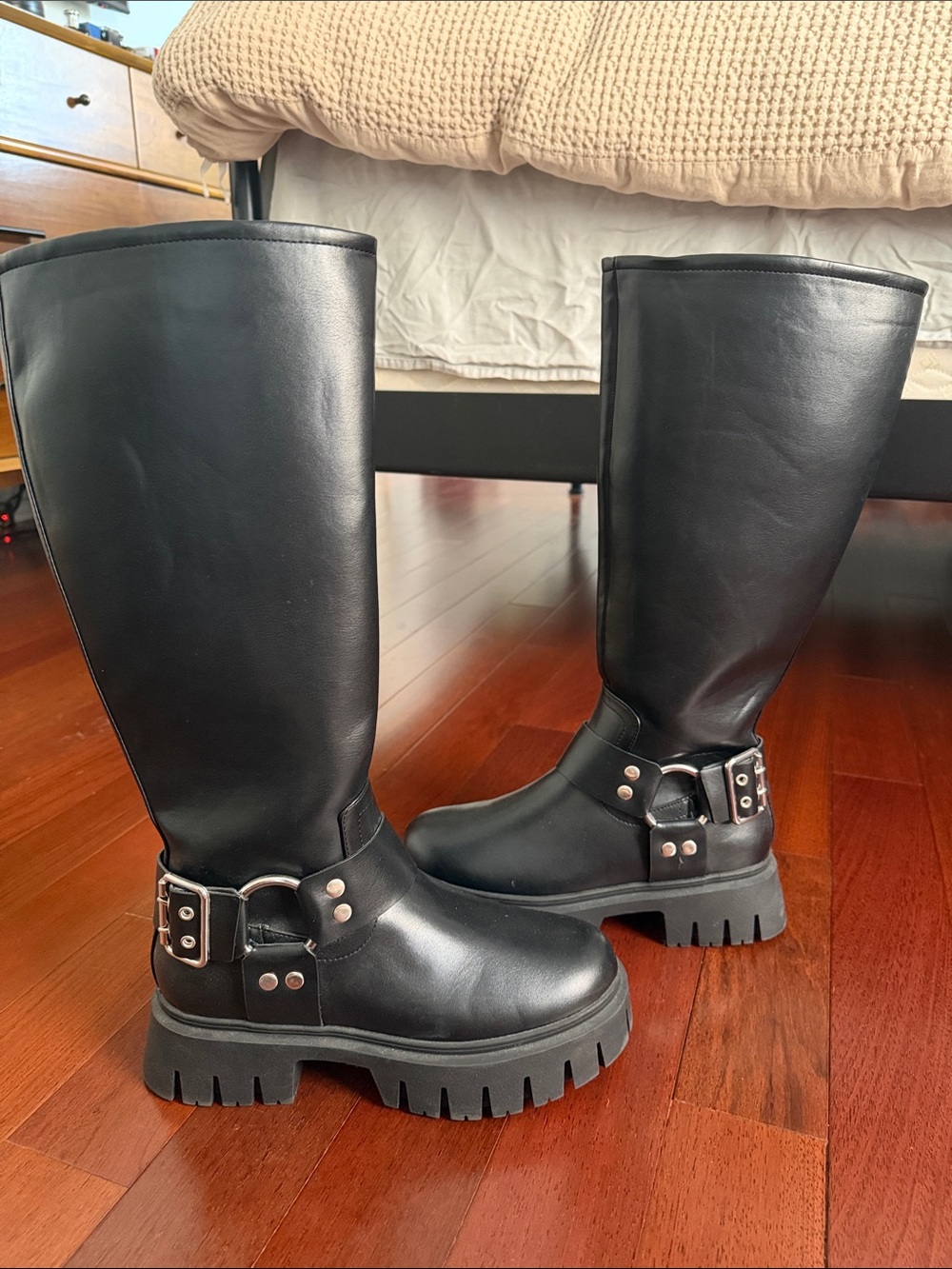 Steve Madden Women’s Black Chunky Mid-Calf Harness Boots